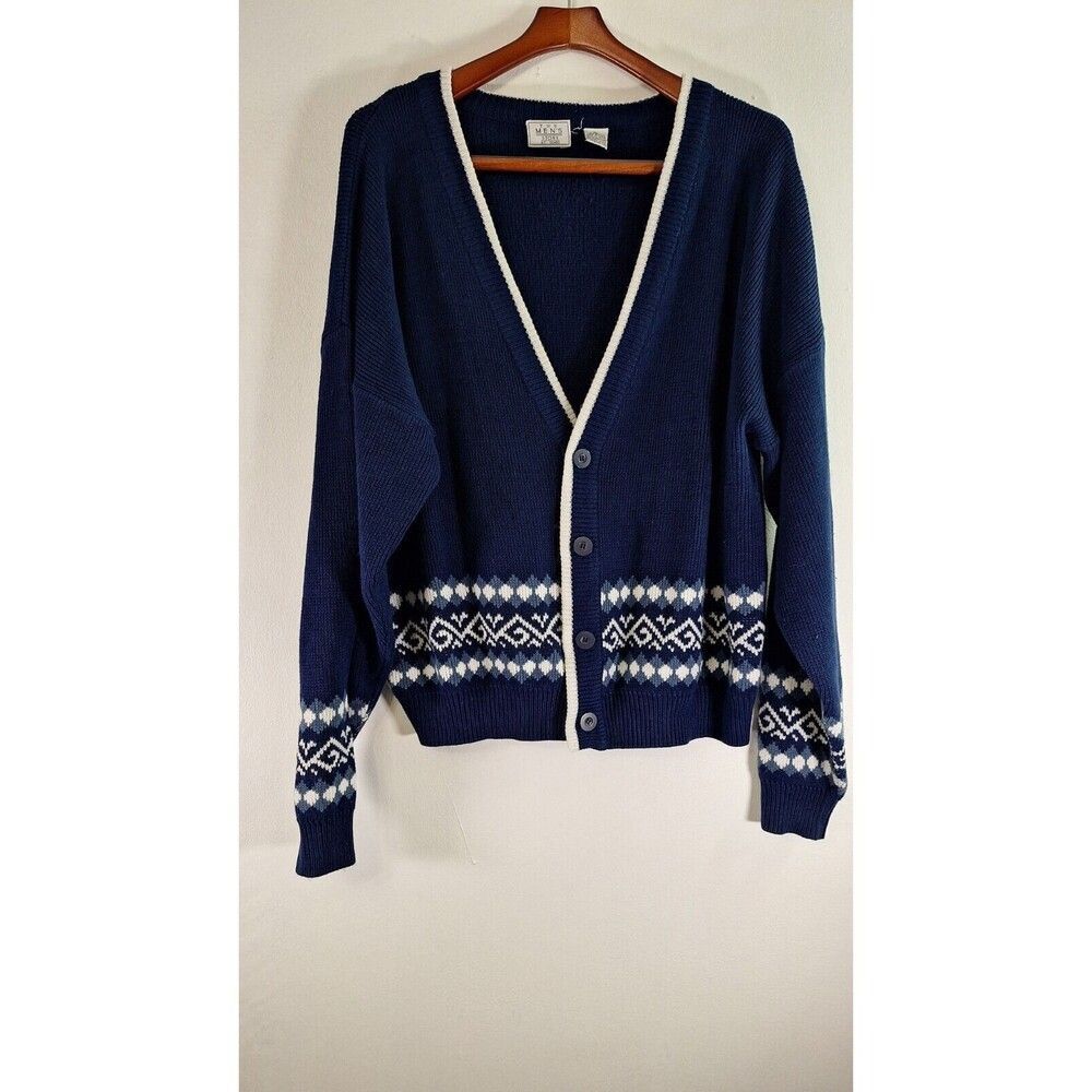 Vintage Sears Fair Isle Cardigan Mens XL Blue Nordic Winter Preppy 80s Classic